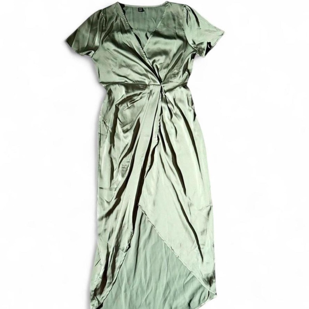 Olive Satin Chic Old Hollywood Goddess Ethereal Minimalist Formal Dress Womens L